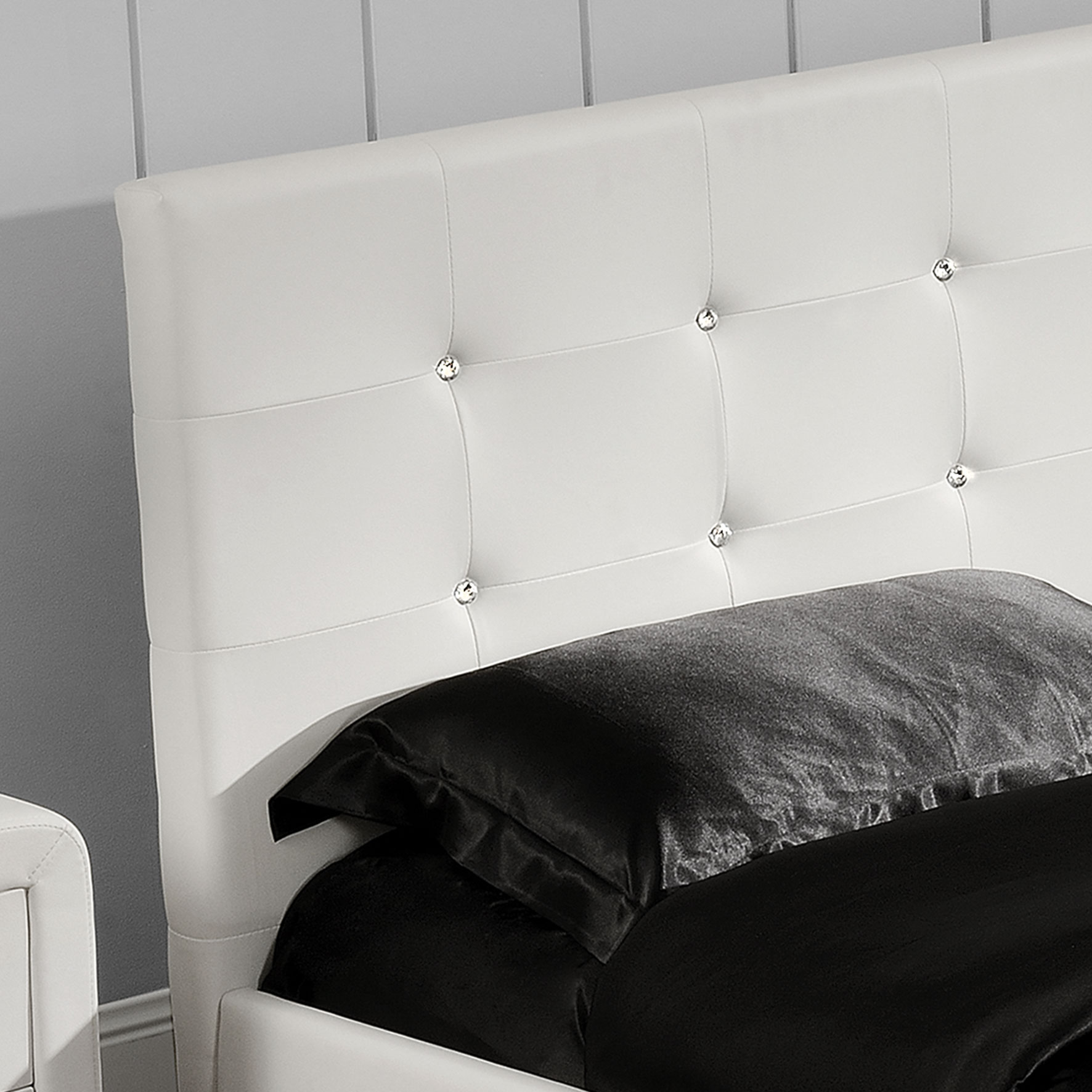 Queen bed frame white PU with crystals | Angelee's Furniture & Mattress